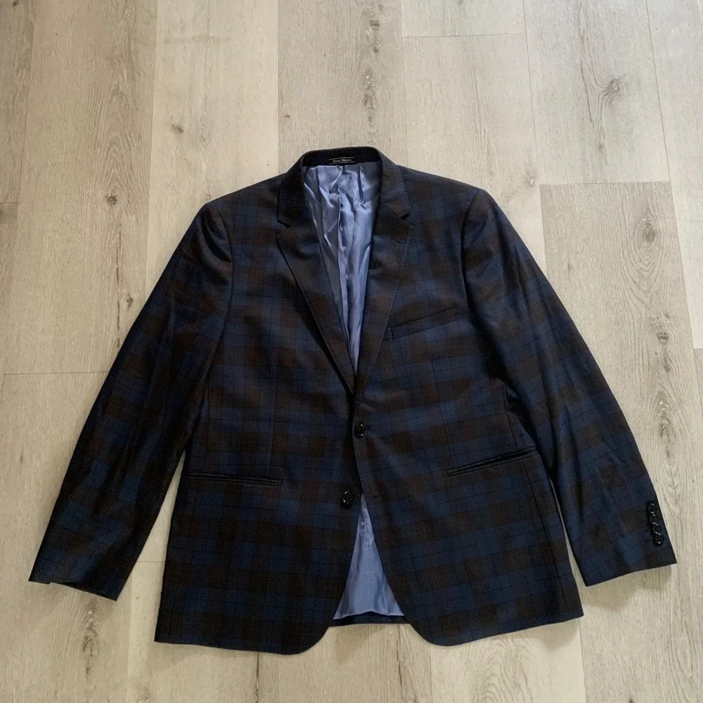 Enzo Tovare Mens 46R Wool Plaid Blazer Navy Brown Sartorial AMF Jacket E88944-1